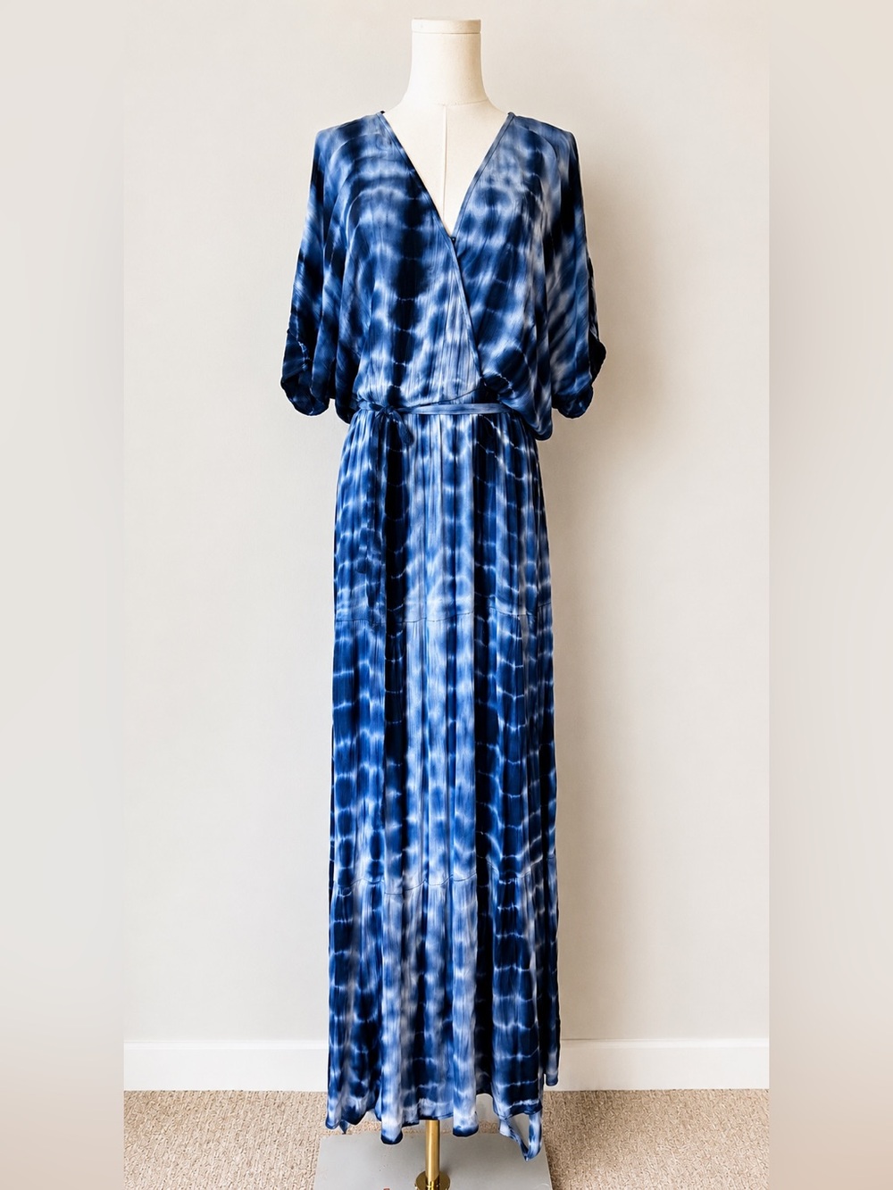 Knox Rose Tie Dye Maxi Dress Navy Blue White Wrap V Neck Boho XL